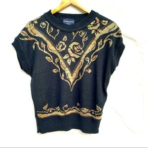 VINTAGE SHORT SLEEVE SWEATER ROSE LEAD PRINT BLACK